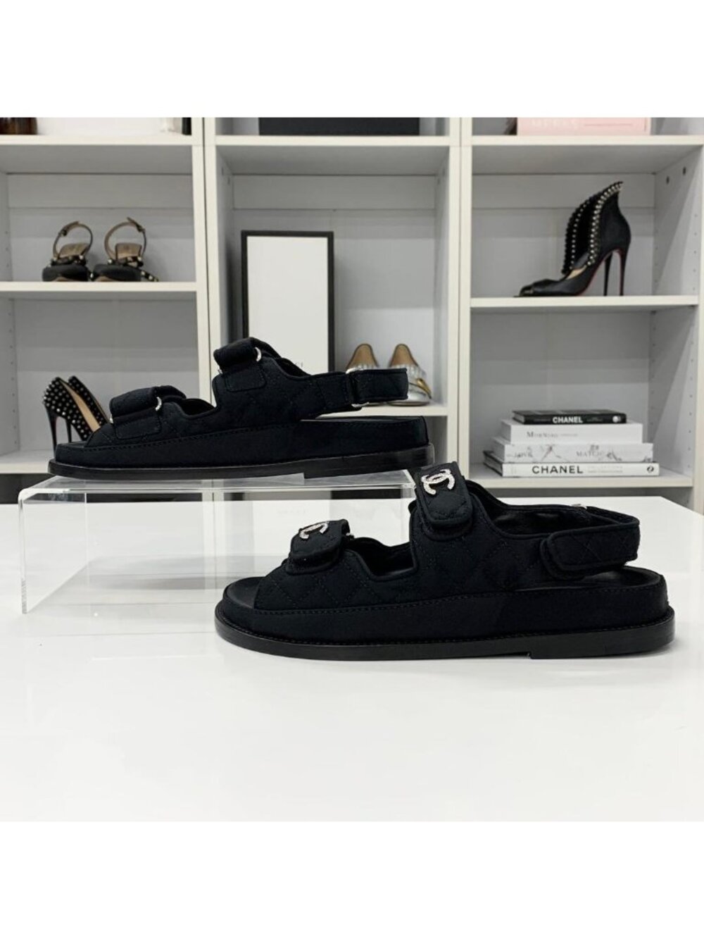 Chanel Fabric CC Logo Rhinestone Velcro Sandals - Picture 3 of 10